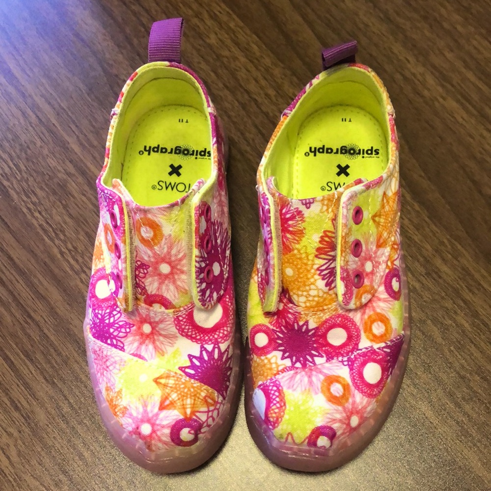 Toms X Spirograph Youth Girls Shoes 11 neon pink white yellow orange clear sole